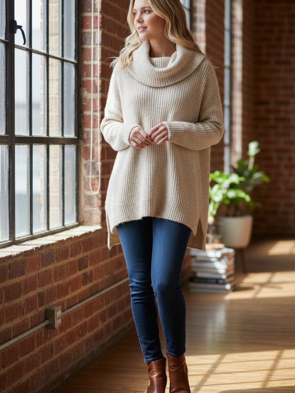 01 Tahari Cream Cowl Neck Sweater Size Small Cozy Knit Soft Neutral Minimalist